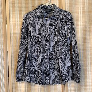 Foxcroft Womens 6 Black‎ & White Swirl Print Button Up Wrinkle Free Office Retro